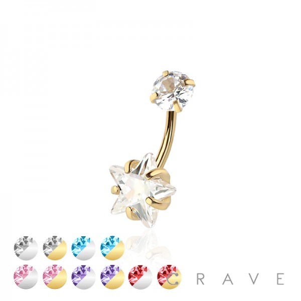DOUBLE PRONG SET STAR CZ 316L SURGICAL STEEL NAVEL RING